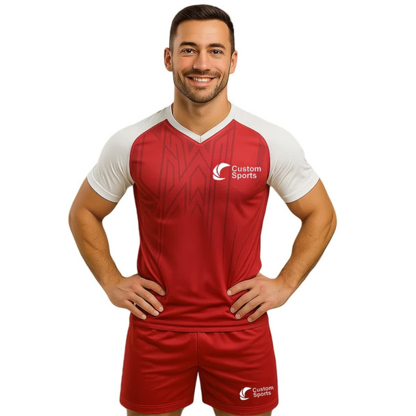 A red and white polyester micro mesh V-neck raglan sport tee shirt with a logo.