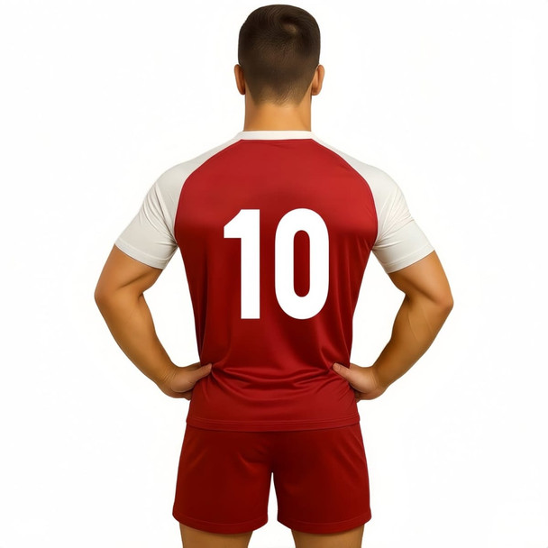 A red and white V-neck raglan sport tee shirt featuring a large number 10 on the back, with a person standing with hands on hips.