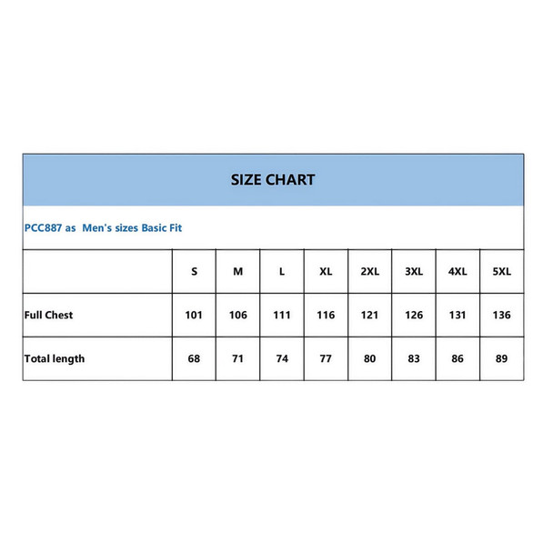 A size chart featuring measurements for a men's basic fit jersey in various sizes from S to 5XL.