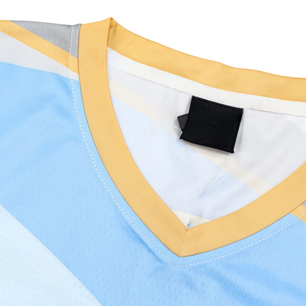A light blue and yellow sleeveless sport jersey featuring a small V-neck design and a tag inside. A light blue and yellow sleeveless sport jersey featuring a small V-neck design and a tag inside.