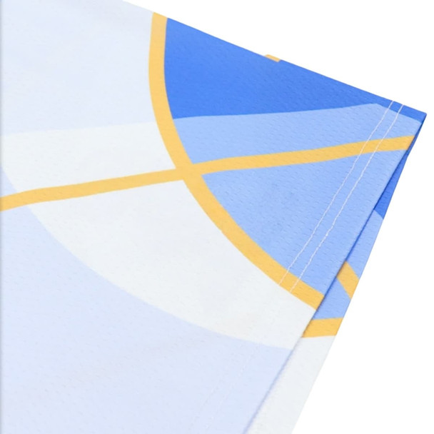 A close-up of a fabric corner featuring a blue and white design with yellow accents, showcasing vibrant colours and stitching. A close-up of a fabric corner featuring a blue and white design with yellow accents, showcasing vibrant colours and stitching.