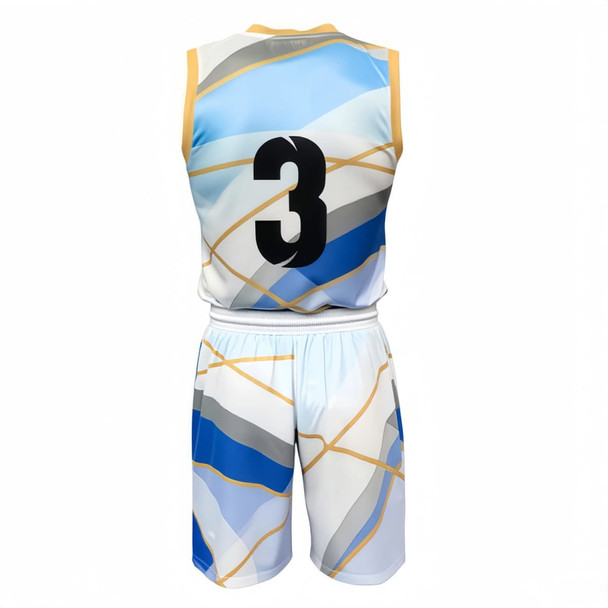 A sleeveless sport jersey featuring a blue, grey, and white abstract design with a contrasting number on the back.
