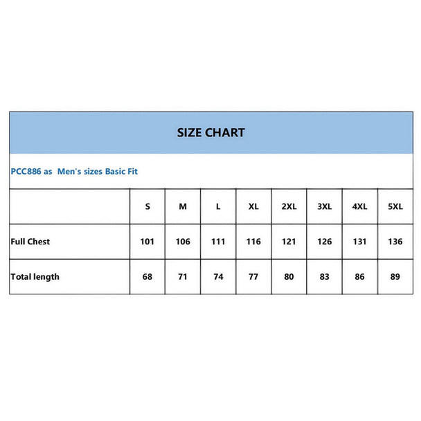 A size chart for men's fit, listing measurements for various sizes from S to 5XL. A size chart for men's fit, listing measurements for various sizes from S to 5XL.