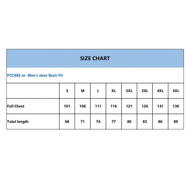 A size chart displaying measurements for a men's basic fit jersey, with sizes ranging from S to 5XL. A size chart displaying measurements for a men's basic fit jersey, with sizes ranging from S to 5XL.