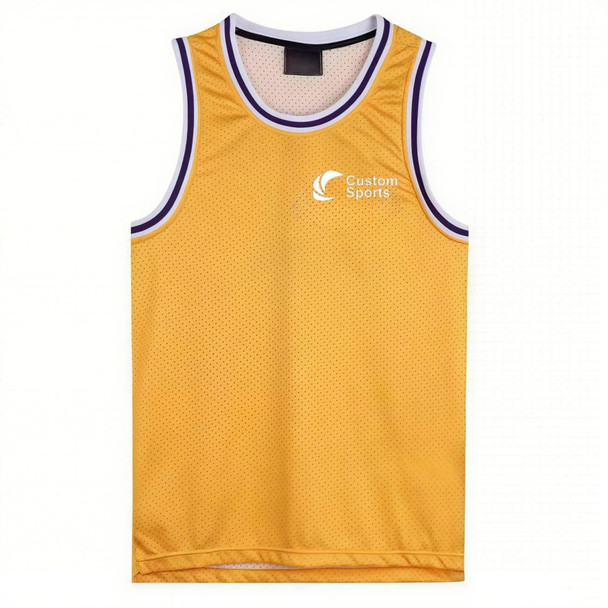 A sleeveless sport jersey in vibrant yellow with a contrasting purple trim and a logo. Made from 100% polyester. A sleeveless sport jersey in vibrant yellow with a contrasting purple trim and a logo. Made from 100% polyester.