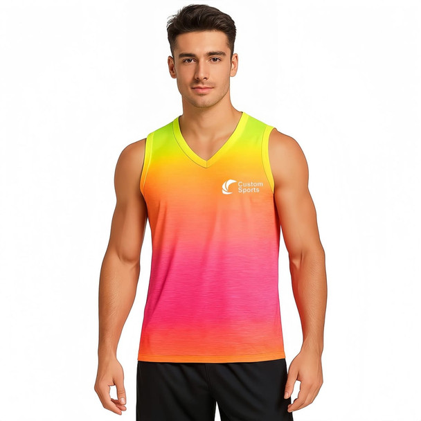 A vibrant pink and yellow gradient V-neck singlet with a logo on the front. 100% polyester micro mesh material. A vibrant pink and yellow gradient V-neck singlet with a logo on the front. 100% polyester micro mesh material.