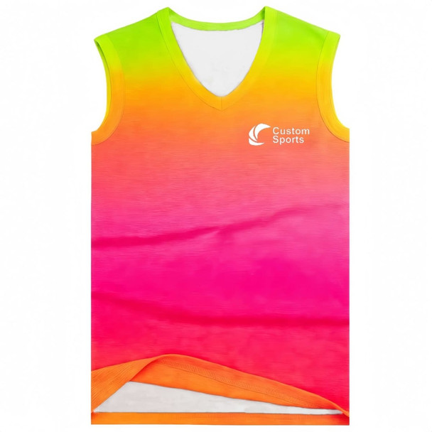 A vibrant, gradient V-neck singlet in pink, orange, and yellow with a logo on the chest. A vibrant, gradient V-neck singlet in pink, orange, and yellow with a logo on the chest.