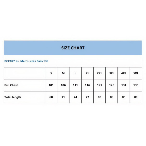 A size chart detailing measurements for men's sizes in a basic fit, including chest and total length dimensions.