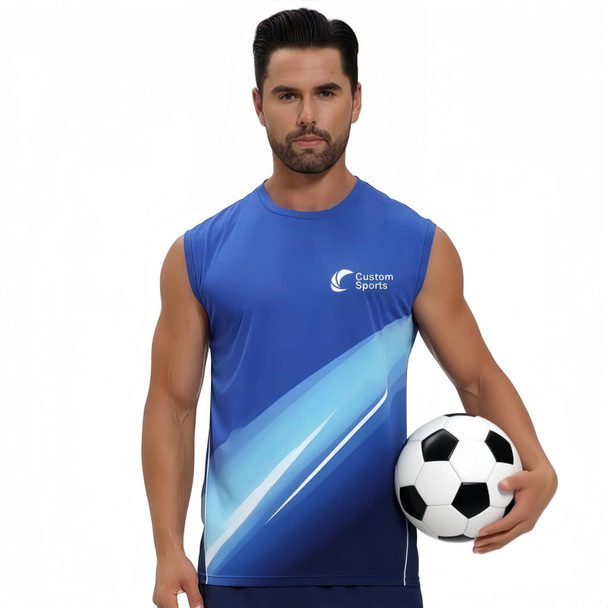 A blue 100% polyester micro mesh crew neck singlet with a logo, featuring a sporty design. A man holds a soccer ball. A blue 100% polyester micro mesh crew neck singlet with a logo, featuring a sporty design. A man holds a soccer ball.
