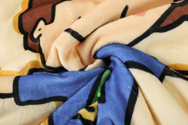 A soft, colourful kids' wearable blanket featuring playful designs in shades of beige and blue, with a logo. A soft, colourful kids' wearable blanket featuring playful designs in shades of beige and blue, with a logo.