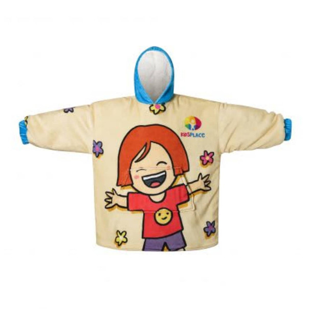 A beige kids' wearable blanket with a hood, featuring a cheerful character and colourful flower designs. A beige kids' wearable blanket with a hood, featuring a cheerful character and colourful flower designs.