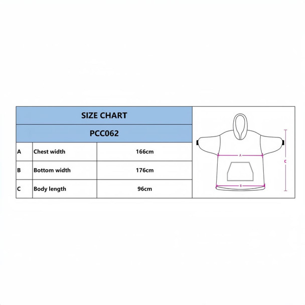 A size chart for a unisex wearable blanket with measurements for chest width, bottom width, and body length.