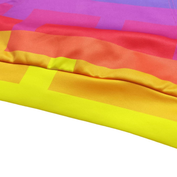 A vibrant unisex polyester spandex hoodie featuring gradient hues of pink, orange, and yellow with a logo. A vibrant unisex polyester spandex hoodie featuring gradient hues of pink, orange, and yellow with a logo.