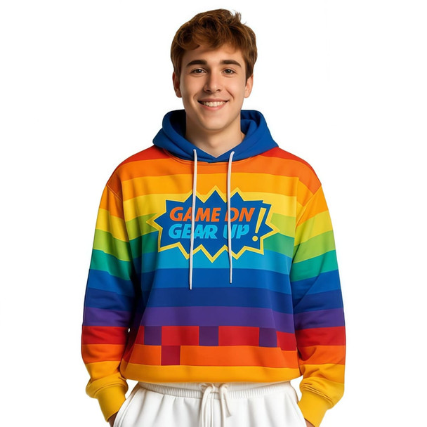 A colourful unisex hoodie featuring a vibrant rainbow design with a blue hood and a logo. A colourful unisex hoodie featuring a vibrant rainbow design with a blue hood and a logo.