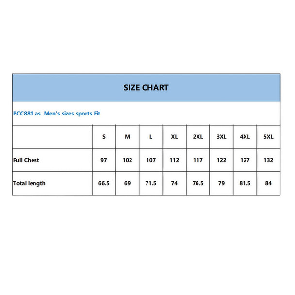 Size chart displaying measurements for men's sizes, including full chest and total length in various sizes from S to 5XL. Size chart displaying measurements for men's sizes, including full chest and total length in various sizes from S to 5XL.