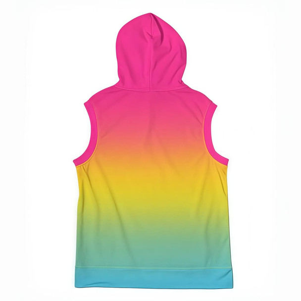 A sleeveless hoodie featuring a vibrant gradient from pink to yellow to blue, with a hood and a pocket.