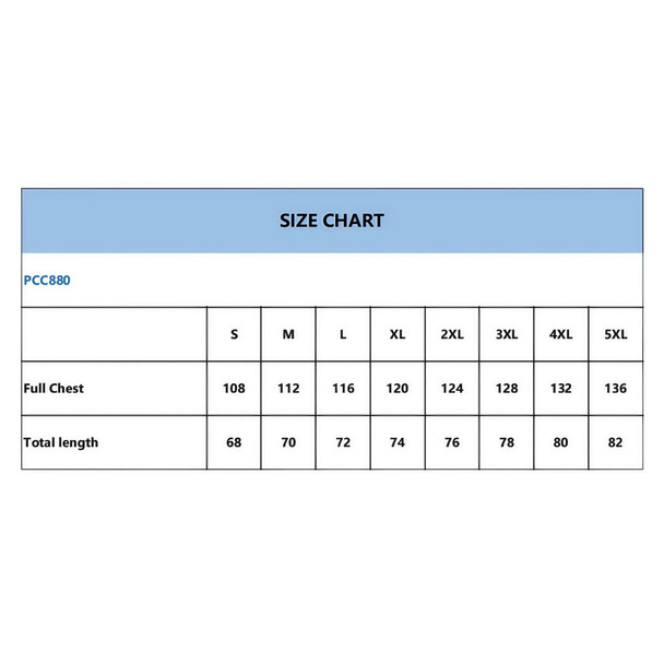 A size chart detailing measurements for a product, including full chest and total length dimensions in various sizes. A size chart detailing measurements for a product, including full chest and total length dimensions in various sizes.