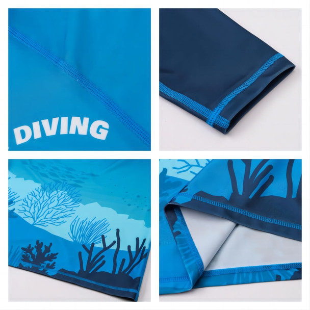 A blue sublimation long sleeve rashie with coral and diving graphics, featuring contrasting dark blue sleeves.