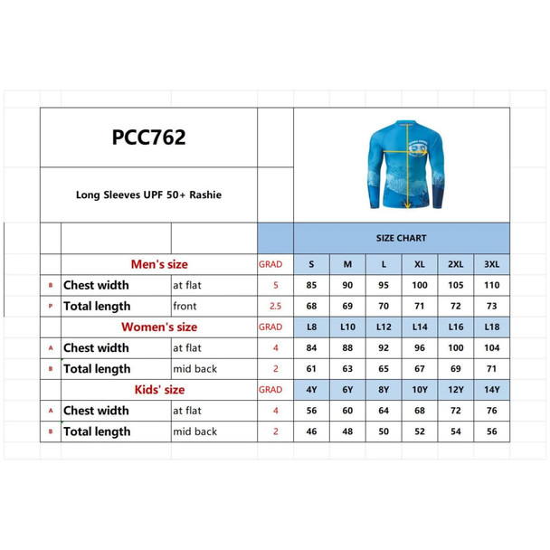 A size chart for a Sublimation Long Sleeves UPF 50+ Rashie featuring a blue design and a logo.