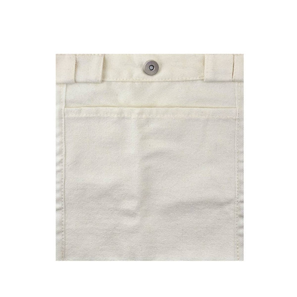 A cream-coloured canvas bag featuring a front pocket and a metal snap closure. It has a logo on it.