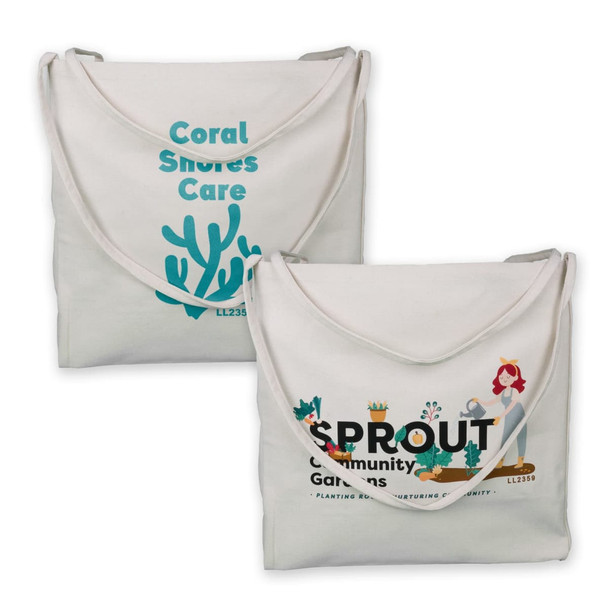 A canvas tote bag featuring two designs: one with coral graphics and text, the other depicting gardening themes and text.