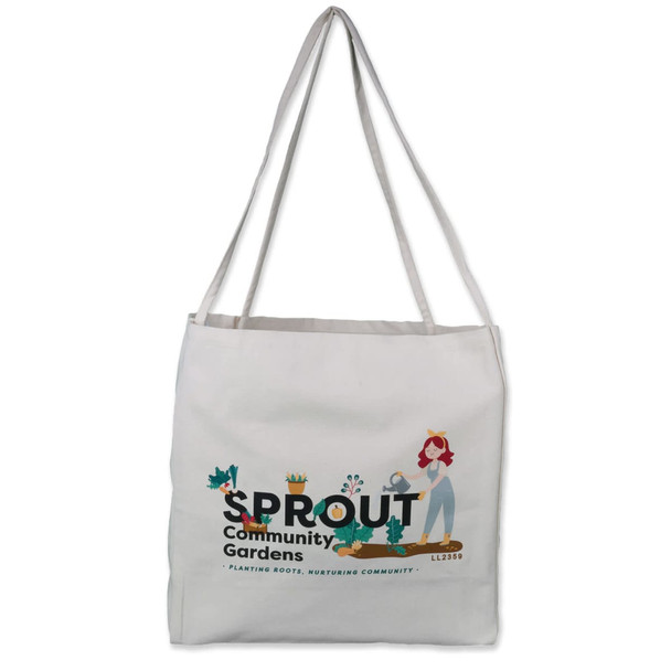 A light-colored tote bag featuring a design with a logo, illustrations of plants, and a character holding gardening tools.