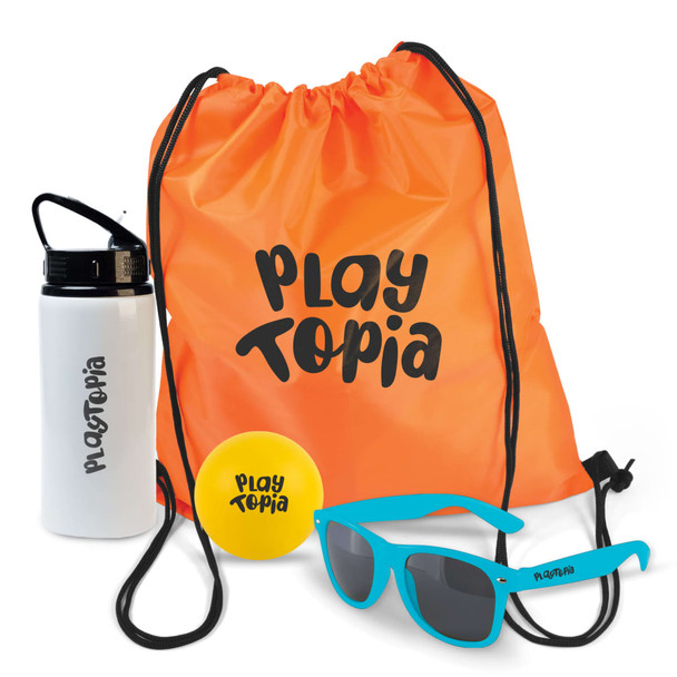 A vibrant orange drawstring bag contains a white drink bottle, blue sunglasses, and a yellow ball, all with branding. A vibrant orange drawstring bag contains a white drink bottle, blue sunglasses, and a yellow ball, all with branding.