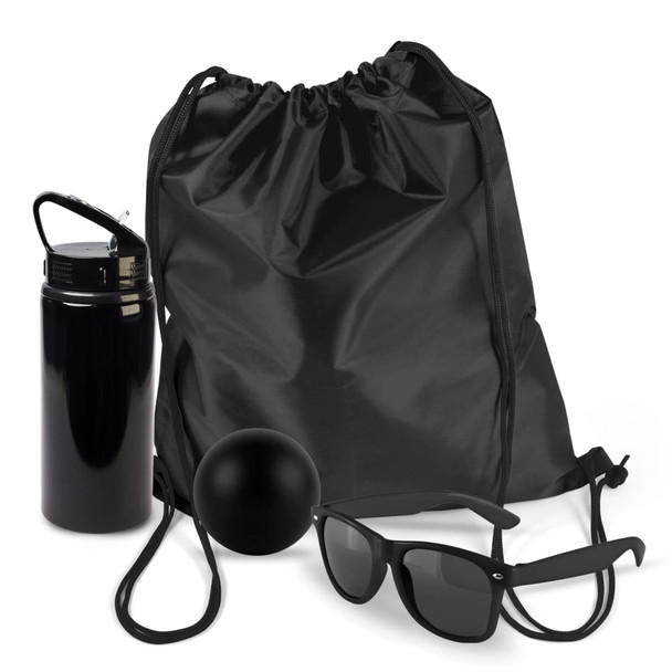 A water bottle, a drawstring backpack, a black ball, and a pair of sunglasses are featured in the Little Legends Pack.