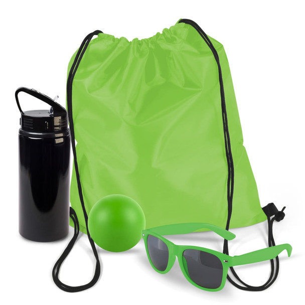 A green drawstring backpack, a black drink bottle, a green stress ball, and green sunglasses. A green drawstring backpack, a black drink bottle, a green stress ball, and green sunglasses.