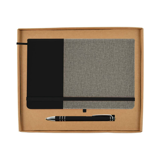 A gift set featuring a grey and black notebook and a black pen, packaged in a simple cardboard box.