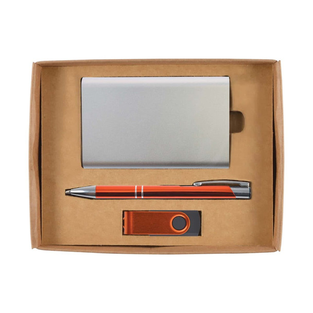 A gift set including a metallic cardholder, an orange pen, and a USB flash drive, all presented in a cardboard box.