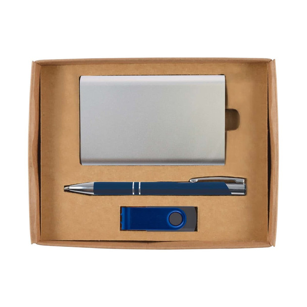 A gift set containing a sleek silver cardholder, a blue pen, and a blue USB drive, all presented in a cardboard box.