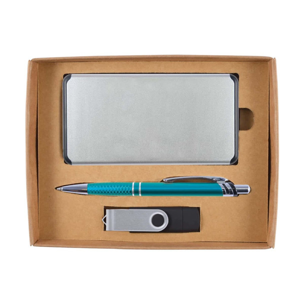 A cardboard gift set containing a silver power bank, teal pen, and silver USB flash drive.