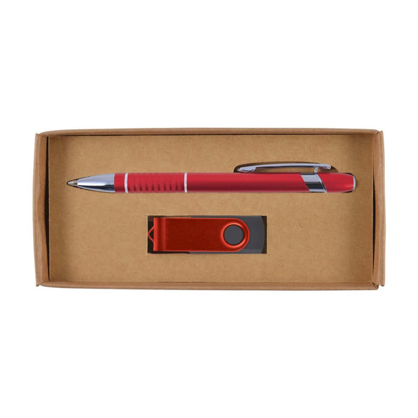 A gift box containing a red pen and a red USB drive. The items are neatly arranged inside a cardboard gift set.