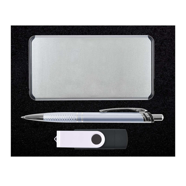 A silver case contains a blue and silver pen, a white and black USB drive, all arranged on a textured black surface.