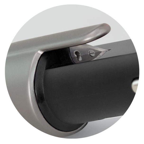 A close-up of a silver and black USB car charger featuring a sleek design and a built-in safety blade. A close-up of a silver and black USB car charger featuring a sleek design and a built-in safety blade.