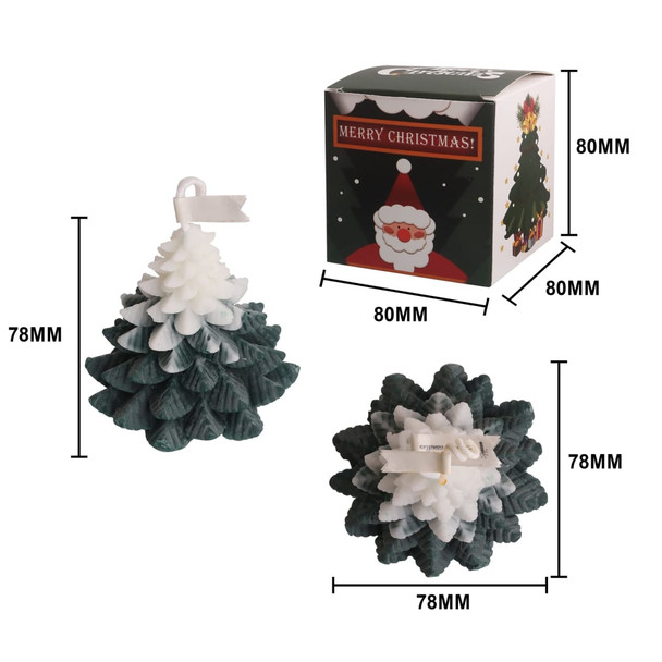 Christmas tree-shaped candles in dark green and white, packaged in a festive box featuring a holiday design.