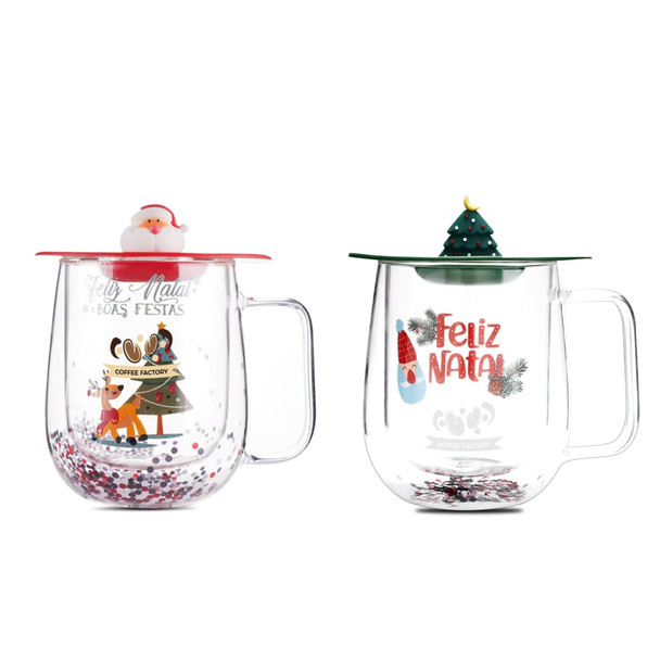 A double wall mug featuring festive designs with a Santa and a Christmas tree, in clear and colourful plastic.