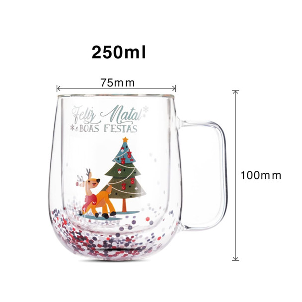 A Christmas double wall mug with a transparent design, featuring a reindeer, a tree, and colourful glitter inside.