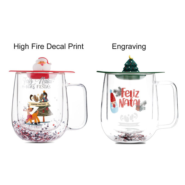 A double wall mug featuring a festive design with a red lid and decorative elements, including a Santa and a Christmas tree.