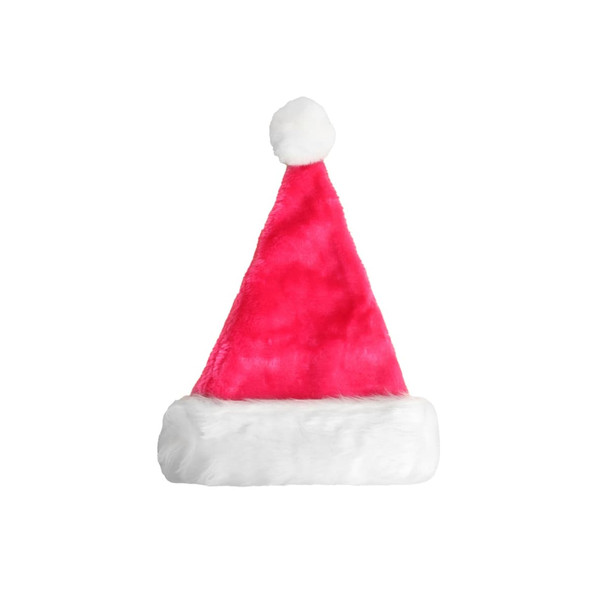 A pink plush Santa hat with a white fur trim and pom-pom on top. It has a simple design and rounded shape.