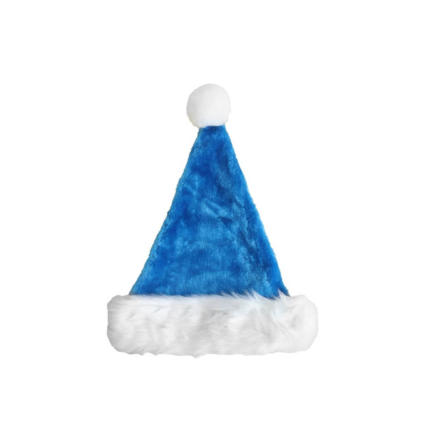 A blue plush Santa hat with a white fur trim and a fluffy white pom-pom on top.