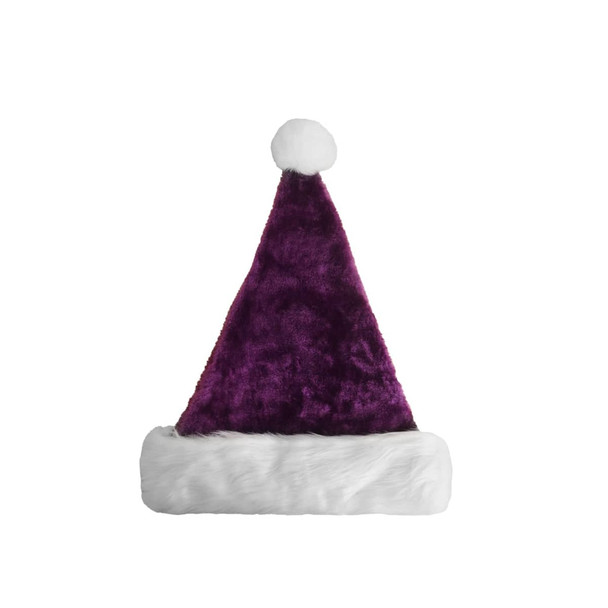 A plush Santa hat in purple with a white fur trim and a pom-pom at the top. It features a logo.