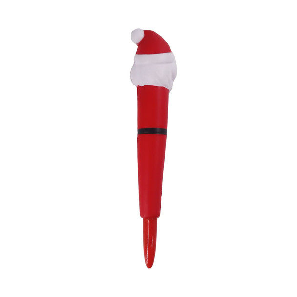 A red pen topped with a Santa hat, featuring a black band and a smooth tip for writing.