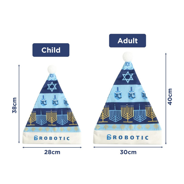 A Full Colour Regular Santa Hat in blue tones with festive patterns, featuring a pom-pom at the top and branding.