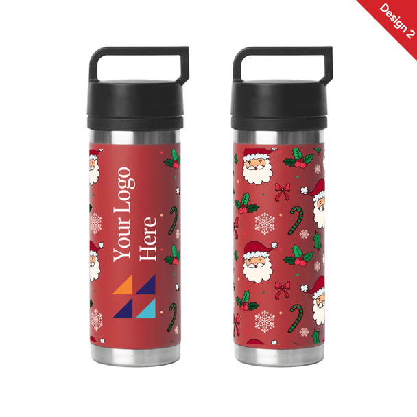 A drink bottle featuring a festive Christmas red design with a solid black handle and an area for a logo.