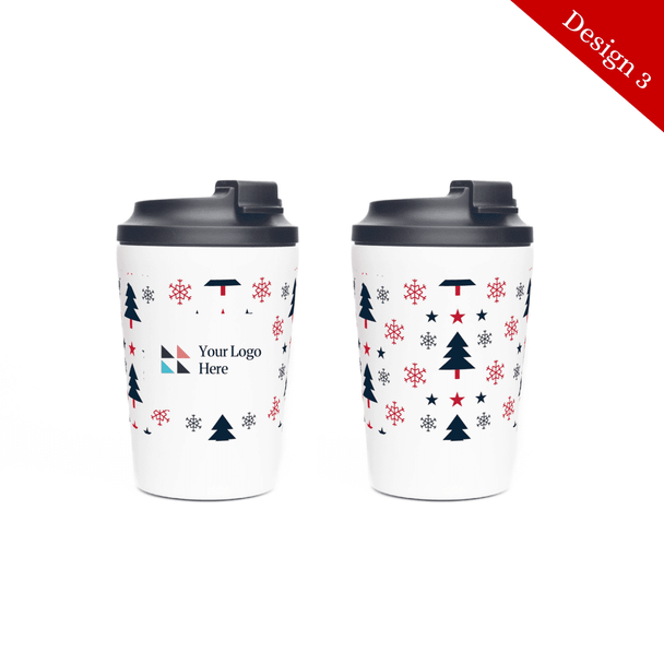A double-walled coffee cup in white with black lid, featuring festive trees, snowflakes, and stars, with a logo space.