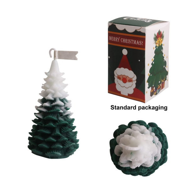 Cedar Christmas tree-shaped candle in green and white, presented in festive packaging featuring a Santa illustration.