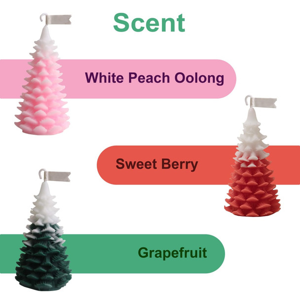 Cedar Christmas tree-shaped candles in pink, red, and green, each labelled with different scents.