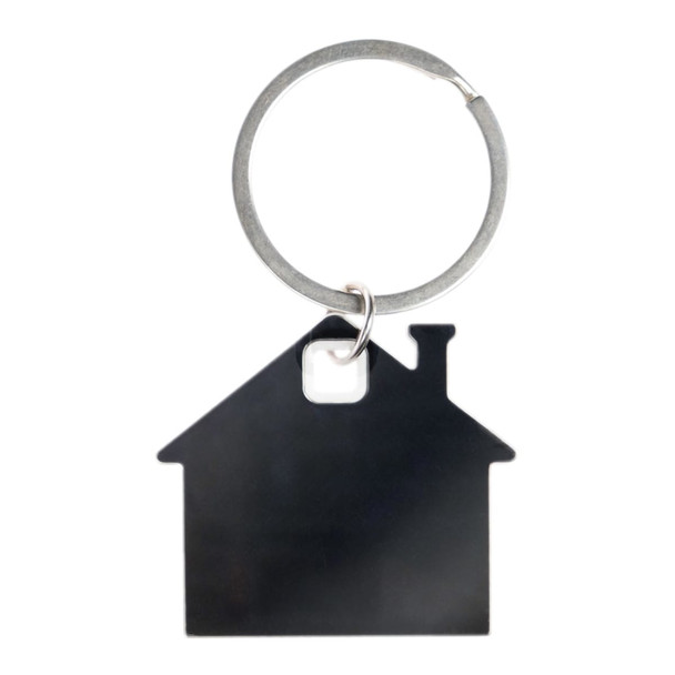 A house-shaped stainless steel keytag with a metal ring for attachment.
